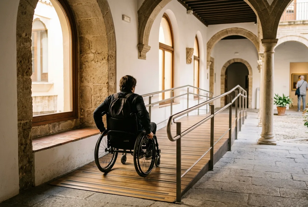 persona in sedia a rotelle che percorre una rampa accessibile all'ingresso del museo picasso malaga