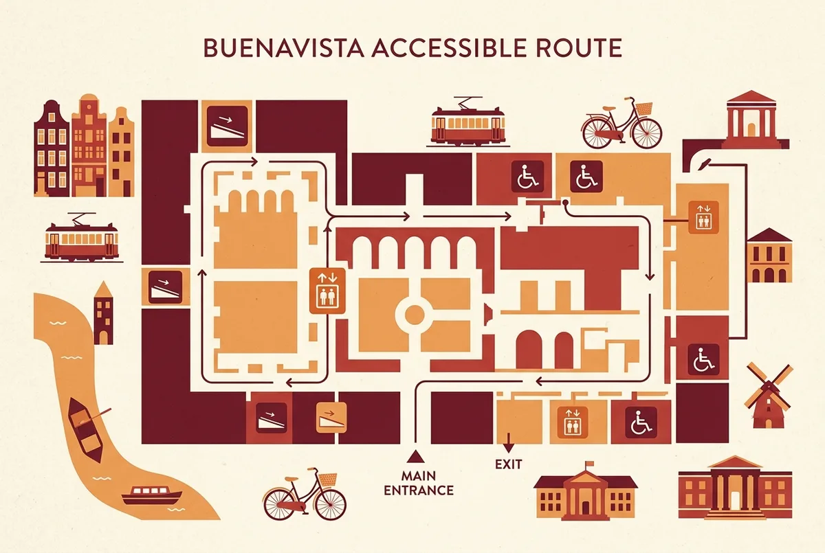 mappa semplice del percorso accessibile dentro il palazzo che ospita il museo picasso malaga con icone generiche di rampa ascensore e bagno accessibile