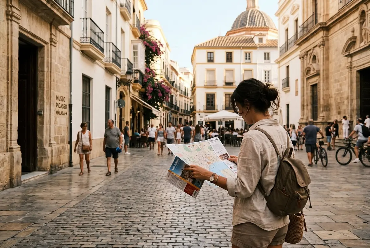 turista con mapa en una plaza soleada del casco historico de Malaga eligiendo la mejor epoca para visitar museo picasso malaga en temporada baja
