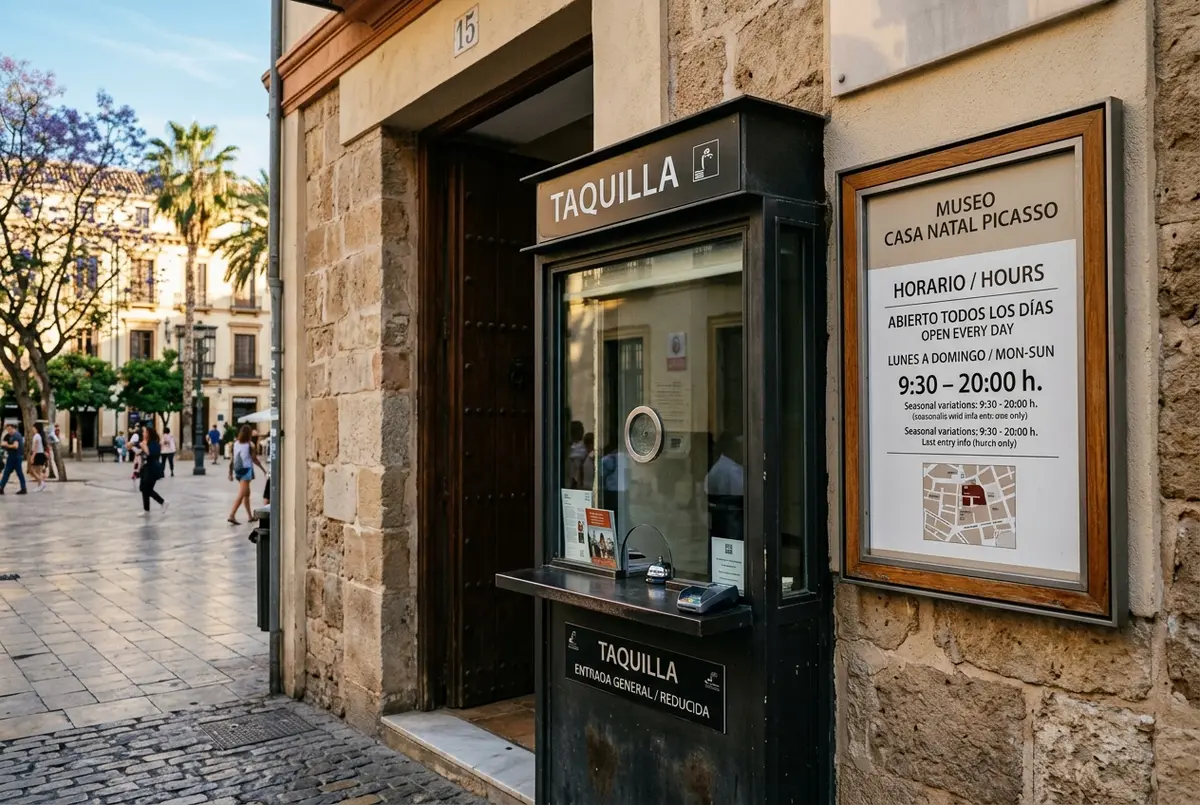 primo piano di un totem biglietteria e di un cartello con gli orari fuori dalla casa natal picasso su plaza de la merced a malaga