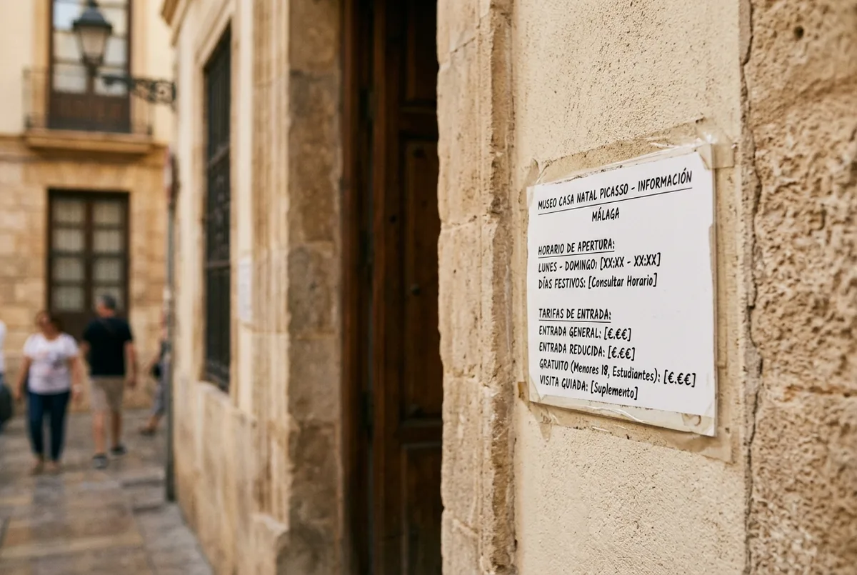 scheda informativa semplice che mostra il formato di orari e prezzo del biglietto per la casa natal picasso, con etichette generiche e senza cifre specifiche