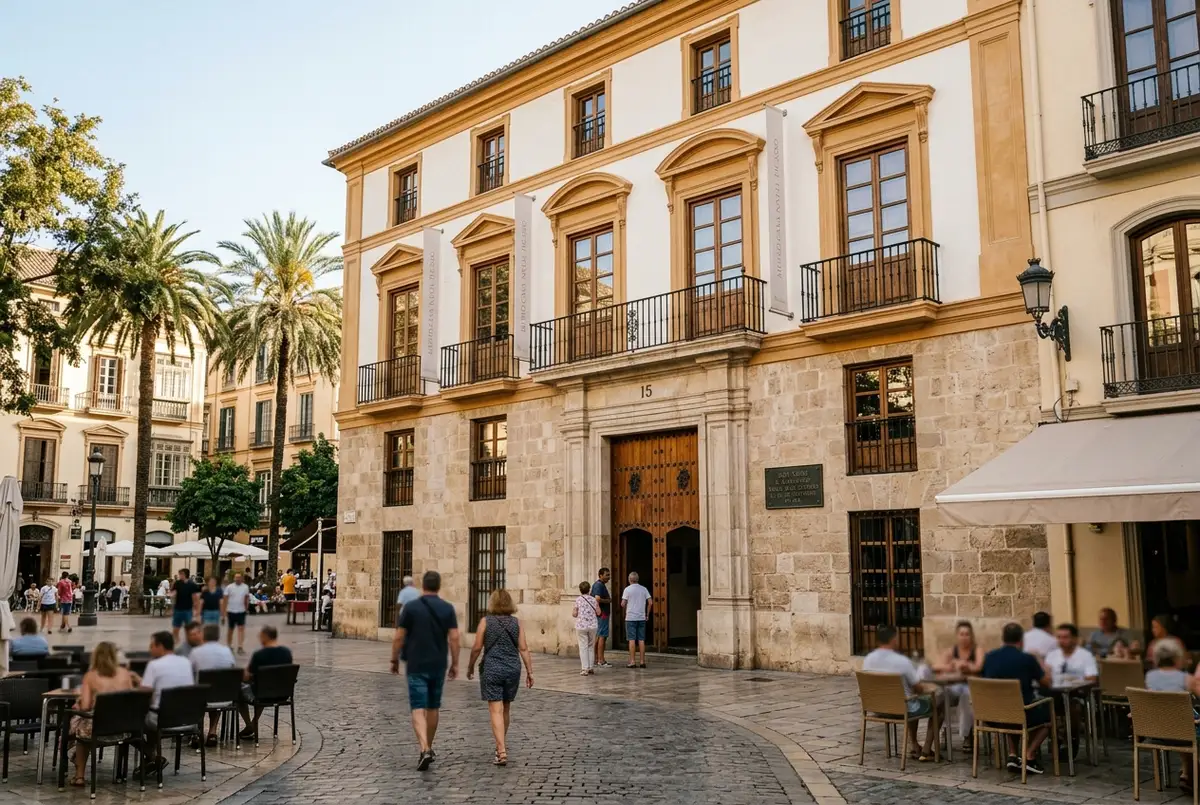 facciata soleggiata della casa natal picasso malaga su plaza de la merced, con una piccola targa vicino all'ingresso