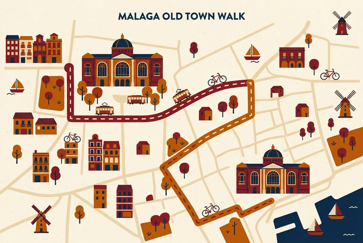 mappa semplice del percorso a piedi tra la casa natal picasso malaga e il museo picasso malaga nel centro storico, con etichette generiche