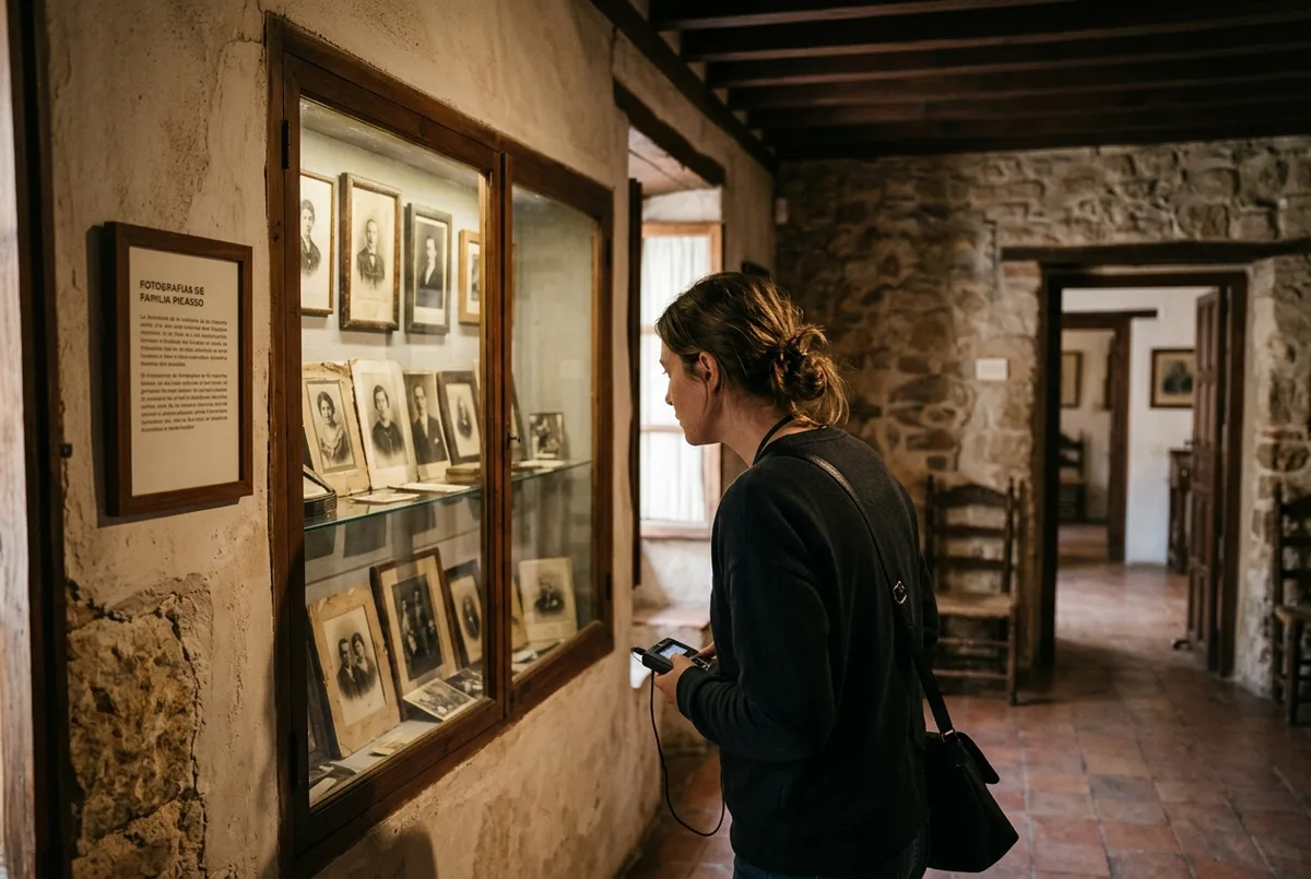 visitante observando fotografias familiares antiguas en una vitrina dentro de la casa natal de picasso en malaga