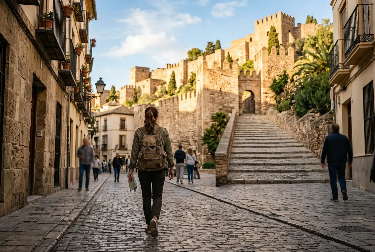 turista con mapa junto a la alcazaba de malaga planificando que combinar con el museo picasso malaga en un mismo dia