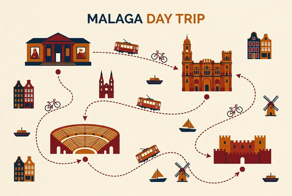 mapa esquematico del centro historico de malaga señalando el museo picasso malaga la alcazaba y la catedral con una ruta a pie sugerida