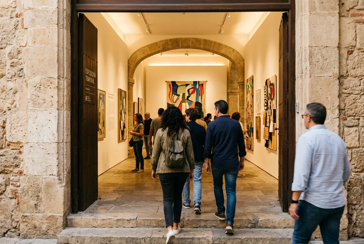 visitantes entrando a una sala de exposicion temporal iluminada del museo picasso malaga con obra contemporanea invitada en las paredes