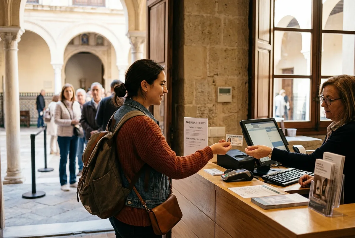 visitante mostrando un carnet de estudiante en el mostrador de entradas del museo picasso malaga para acceder al descuento
