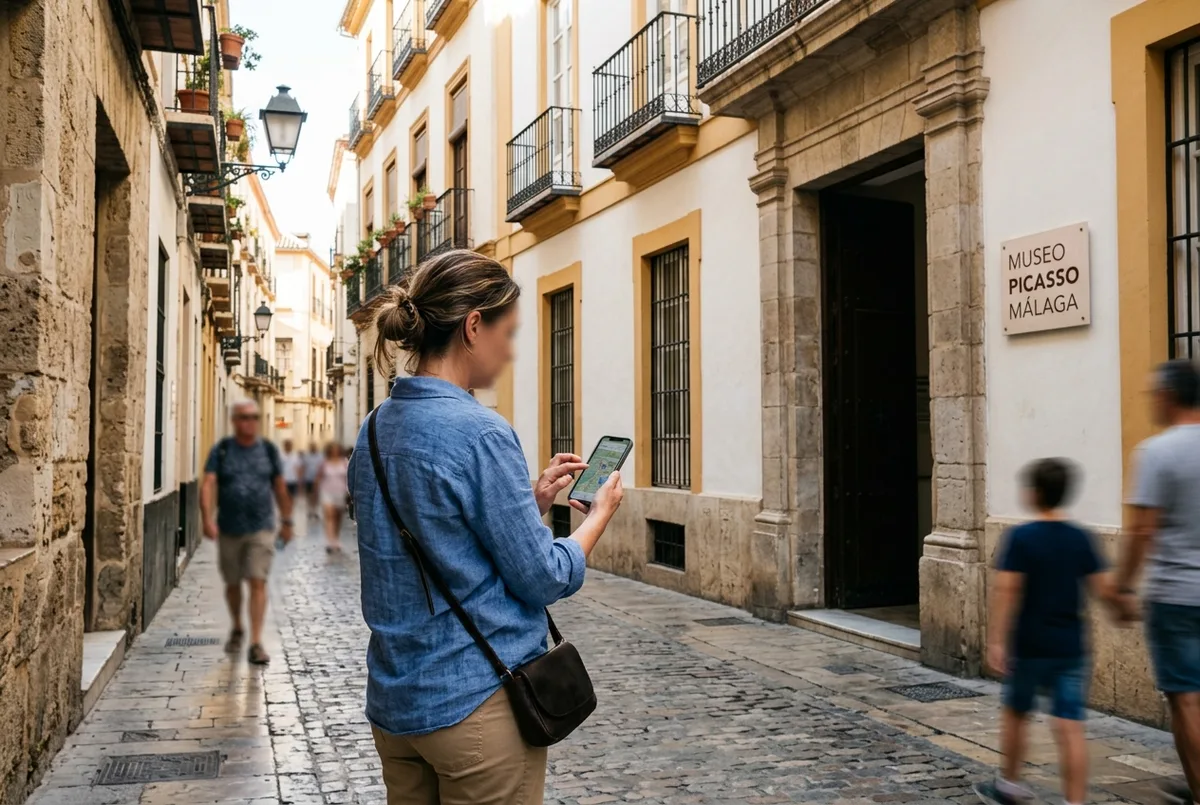 tourist checking a phone map outside the Palacio de Buenavista on Calle San Agustín, the picasso museum malaga address, in Malaga's old town