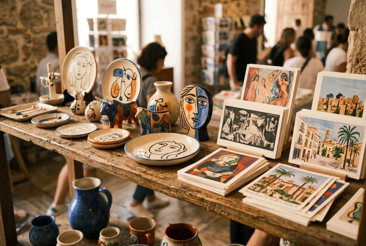 détail de carnets et tasses souvenirs illustrés de motifs de céramique picasso exposés sur une table en bois dans la boutique du musée picasso malaga