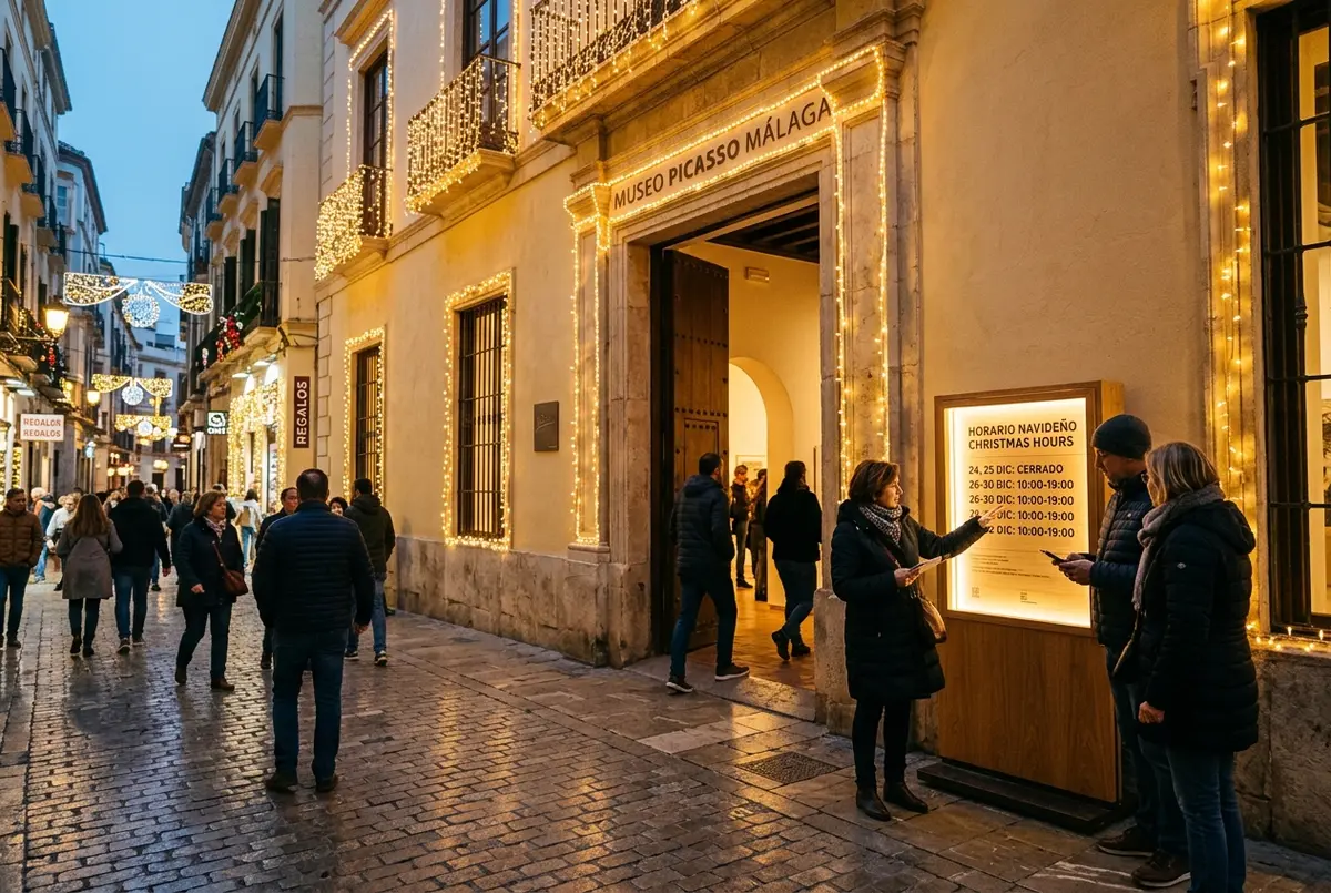 fachada del museo picasso malaga decorada con luces navideñas y turistas comprobando el horario festivo en un panel informativo