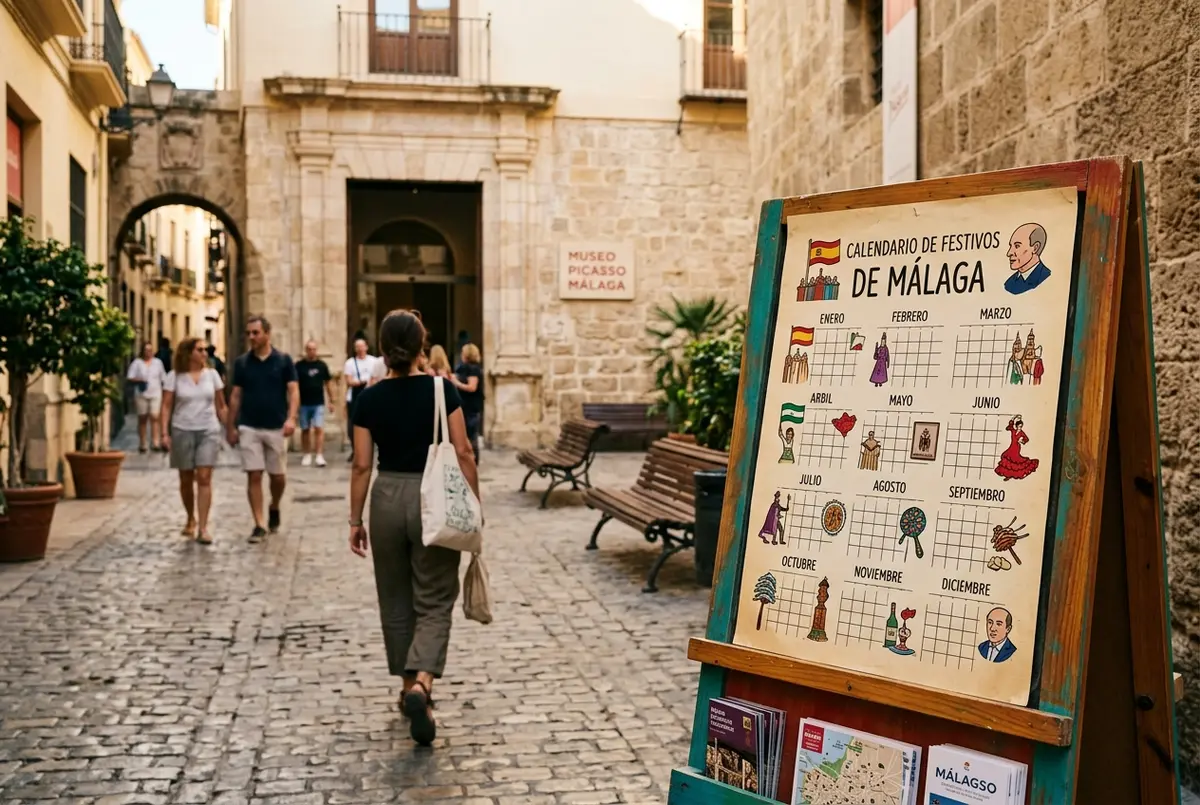 calendario ilustrado con iconos genéricos marcando festivos nacionales, regionales y locales junto al museo picasso malaga, sin fechas concretas