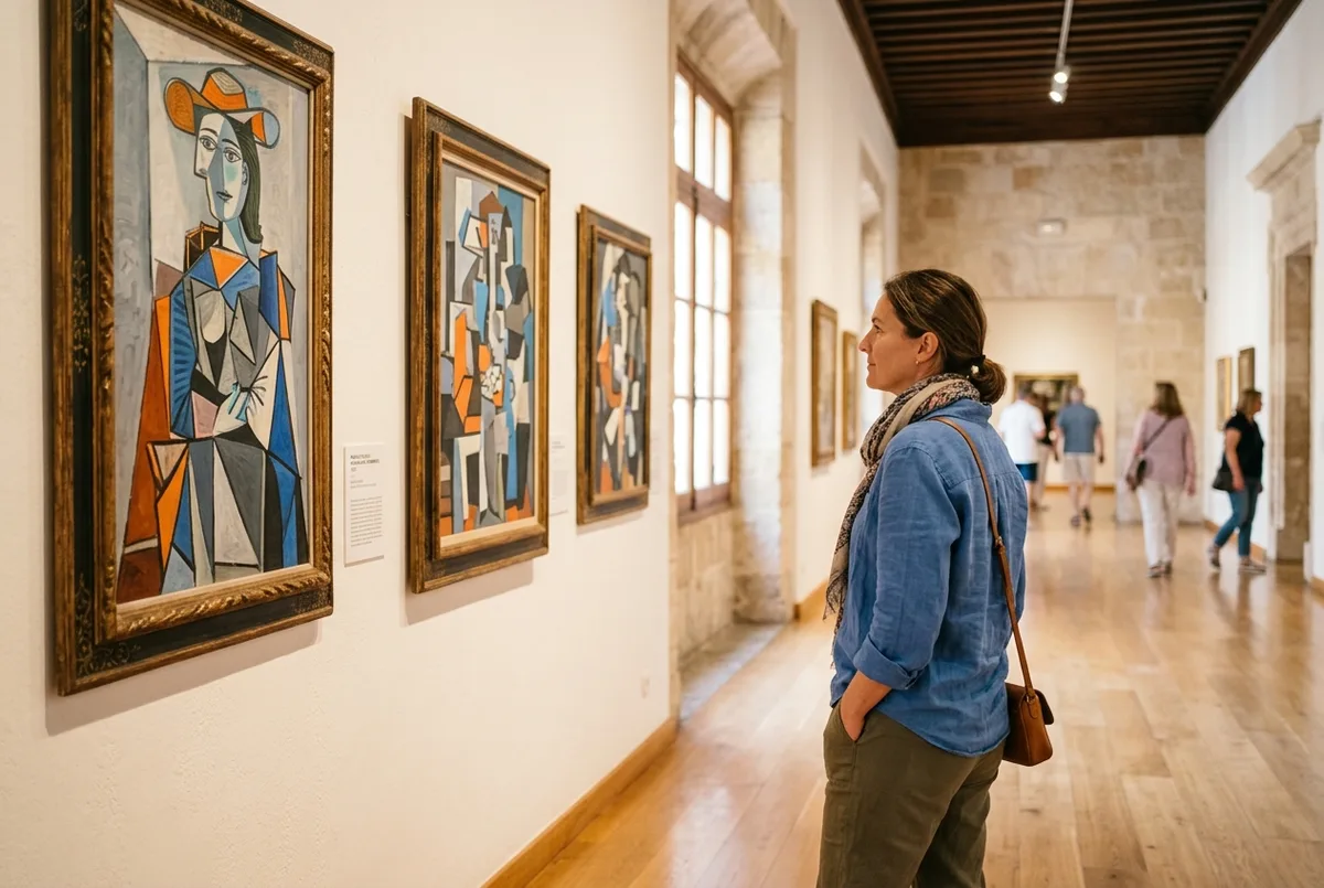 visiteurs souriants échangeant leurs impressions devant une toile cubiste dans une salle lumineuse du musée picasso malaga