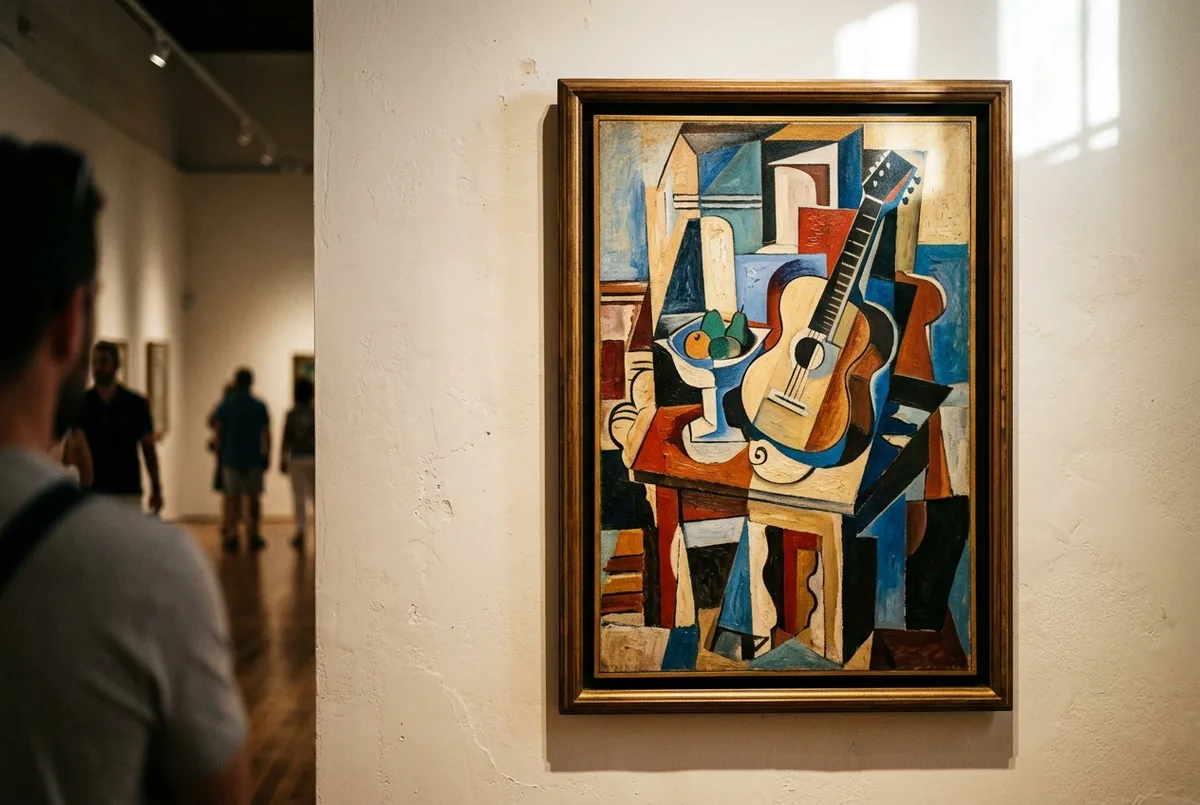 touriste observant de près une pièce de céramique de picasso dans une vitrine éclairée, une des meilleures oeuvres musée picasso malaga