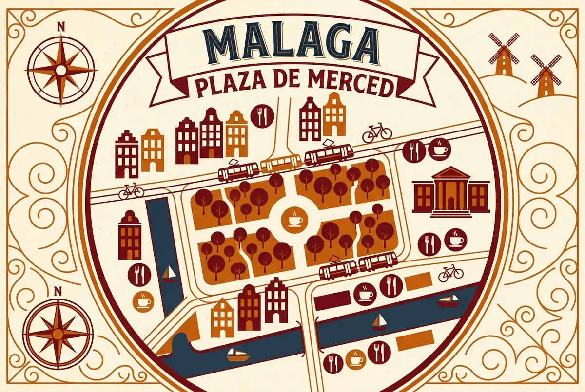 mapa sencillo de la plaza de la merced en malaga señalando restaurantes cafeterias y la cafeteria del museo picasso malaga con iconos genericos