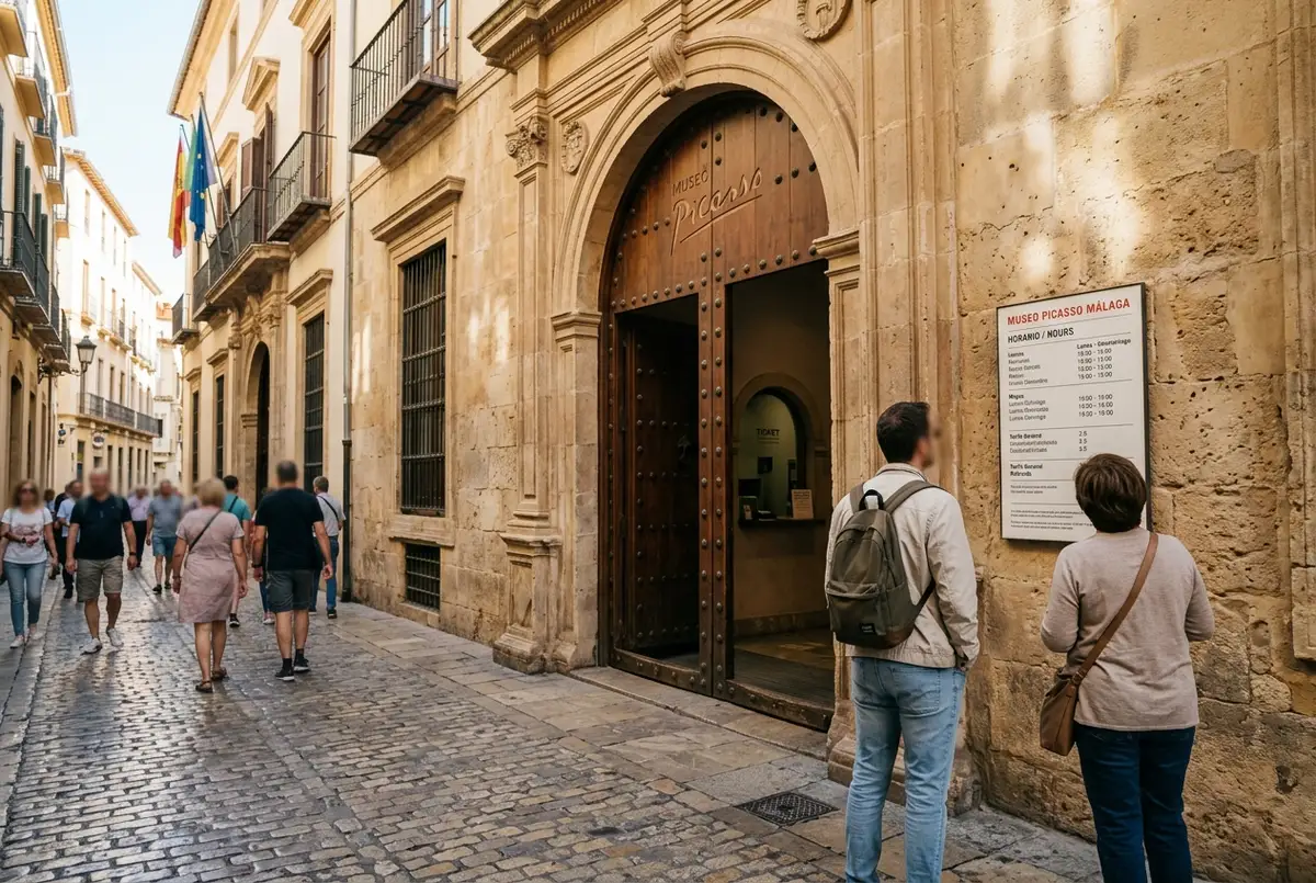 cartello degli orari di apertura all'ingresso del museo picasso malaga con visitatori che controllano la fascia oraria prima di entrare