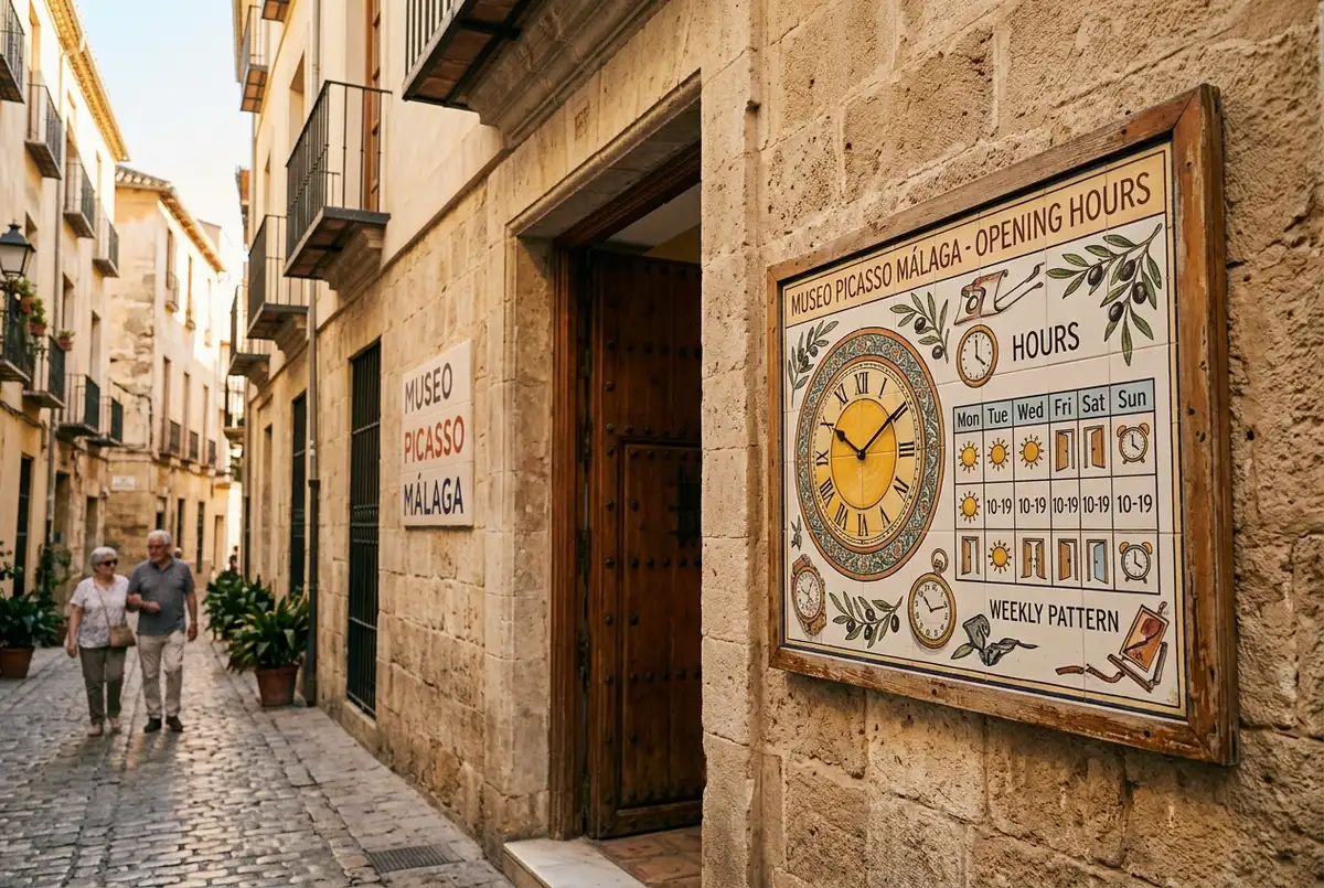 linea del tempo illustrata che mostra gli orari di apertura del museo picasso malaga nelle diverse stagioni dell'anno, senza cifre specifiche