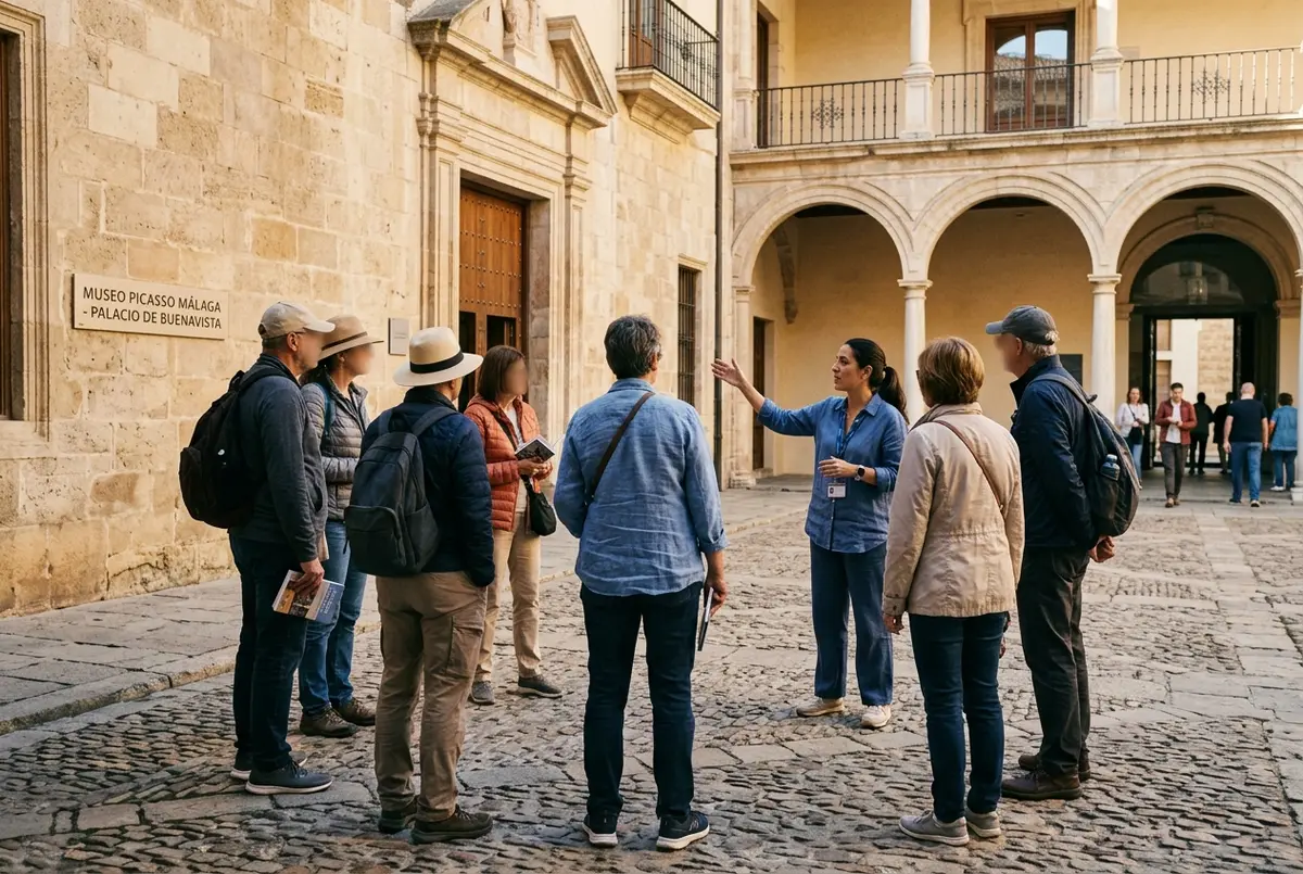 guide qui explique un tableau de Picasso à un petit groupe de visiteurs à l'intérieur du musée picasso malaga