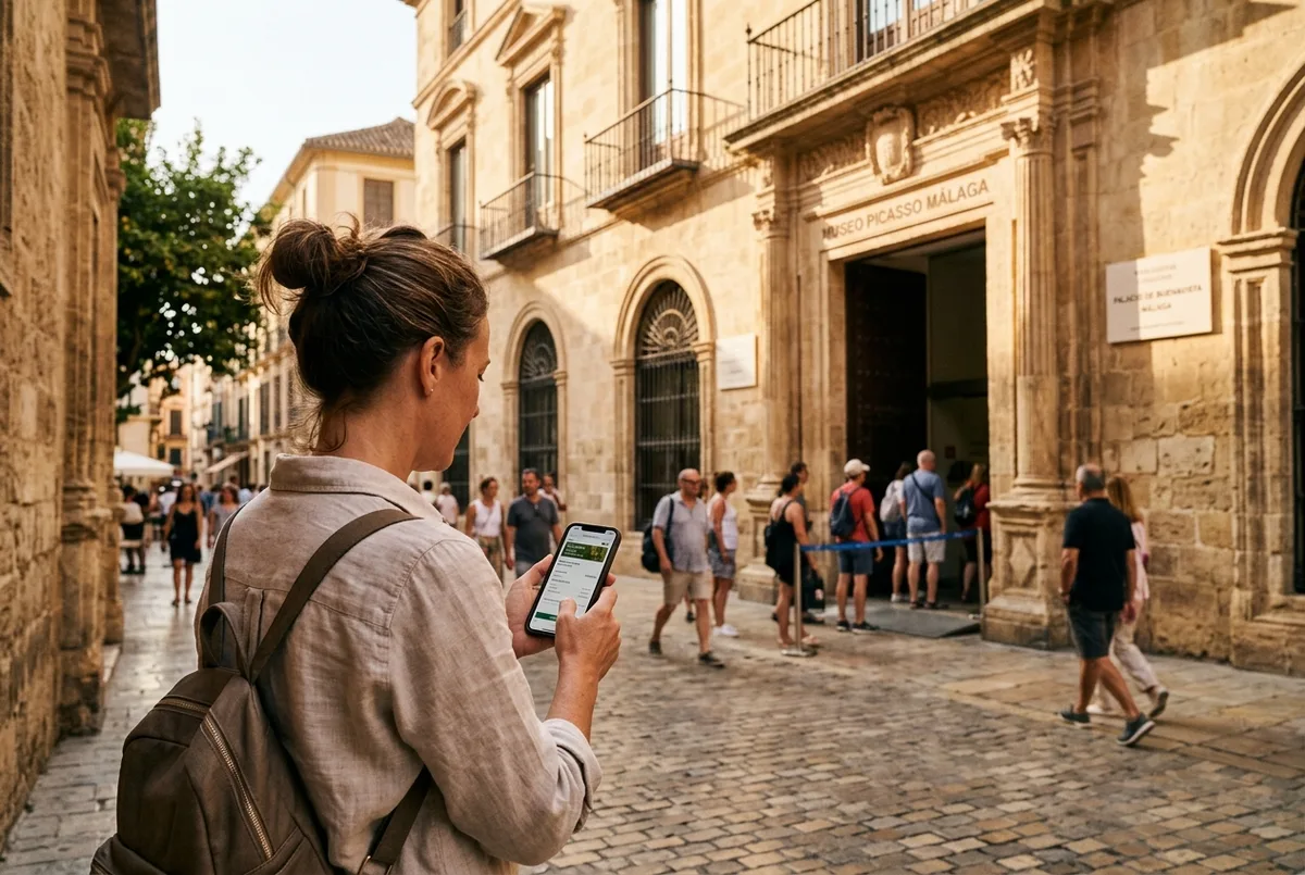 voyageur qui réserve ses billets musée picasso malaga sur son téléphone devant la façade ensoleillée du Palacio de Buenavista