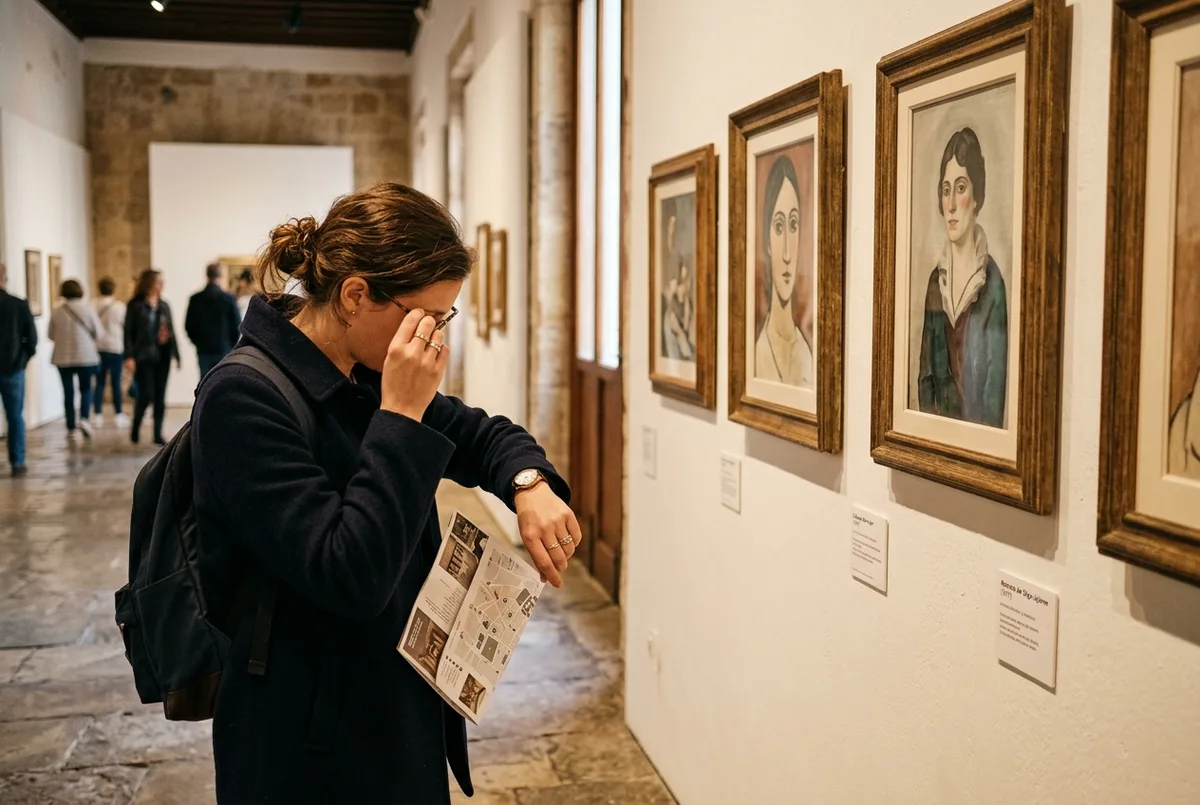 viaggiatore che controlla l'orologio nella hall d'ingresso del museo picasso malaga durante la visita, con luce calda del primo mattino