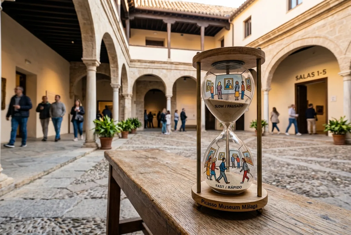 infografica semplice con due percorsi di visita al museo picasso malaga, uno rapido con i punti salienti e uno completo con audioguida, senza cifre specifiche