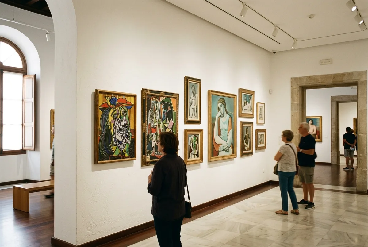 visitante contemplando de cerca un cuadro de Picasso en una sala luminosa del Palacio de Buenavista, sede de que ver museo picasso malaga