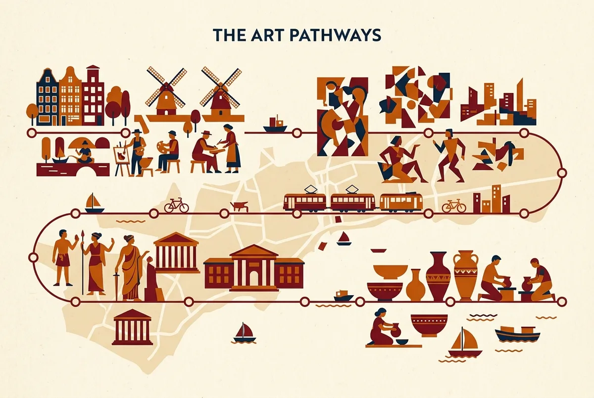 infografia con la linea temporal generica de la coleccion del museo picasso malaga mostrando las etapas academica, cubista, ceramica y de ultimas obras