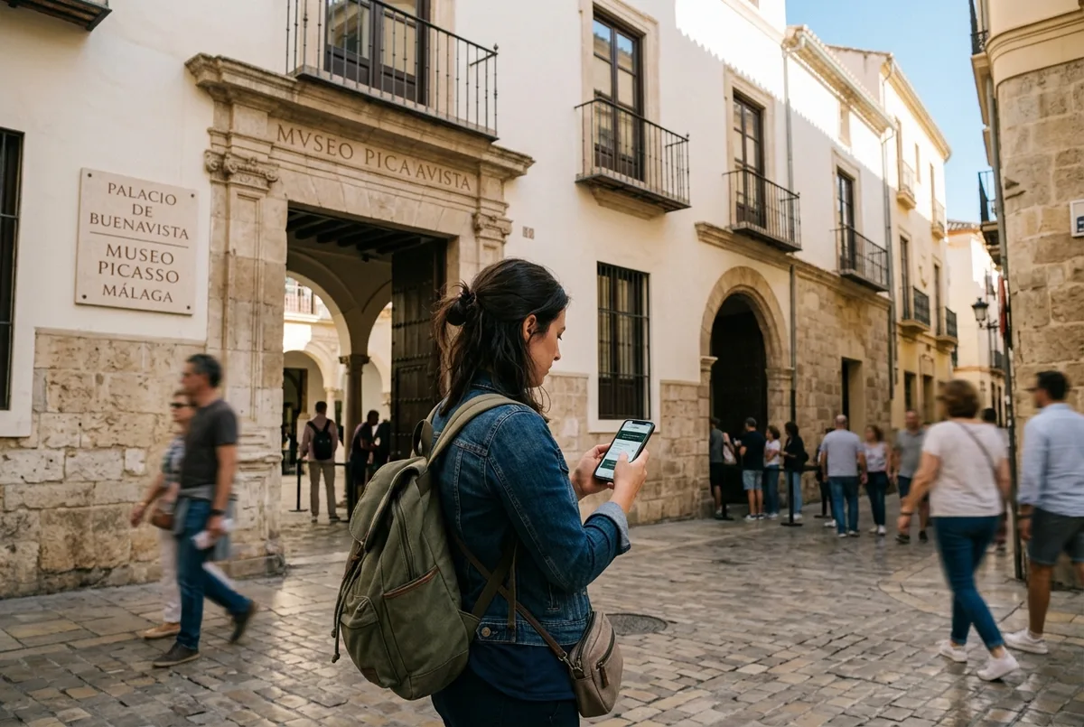 touriste qui réserve en ligne les billets du musée picasso malaga depuis son smartphone devant l'entrée du musée